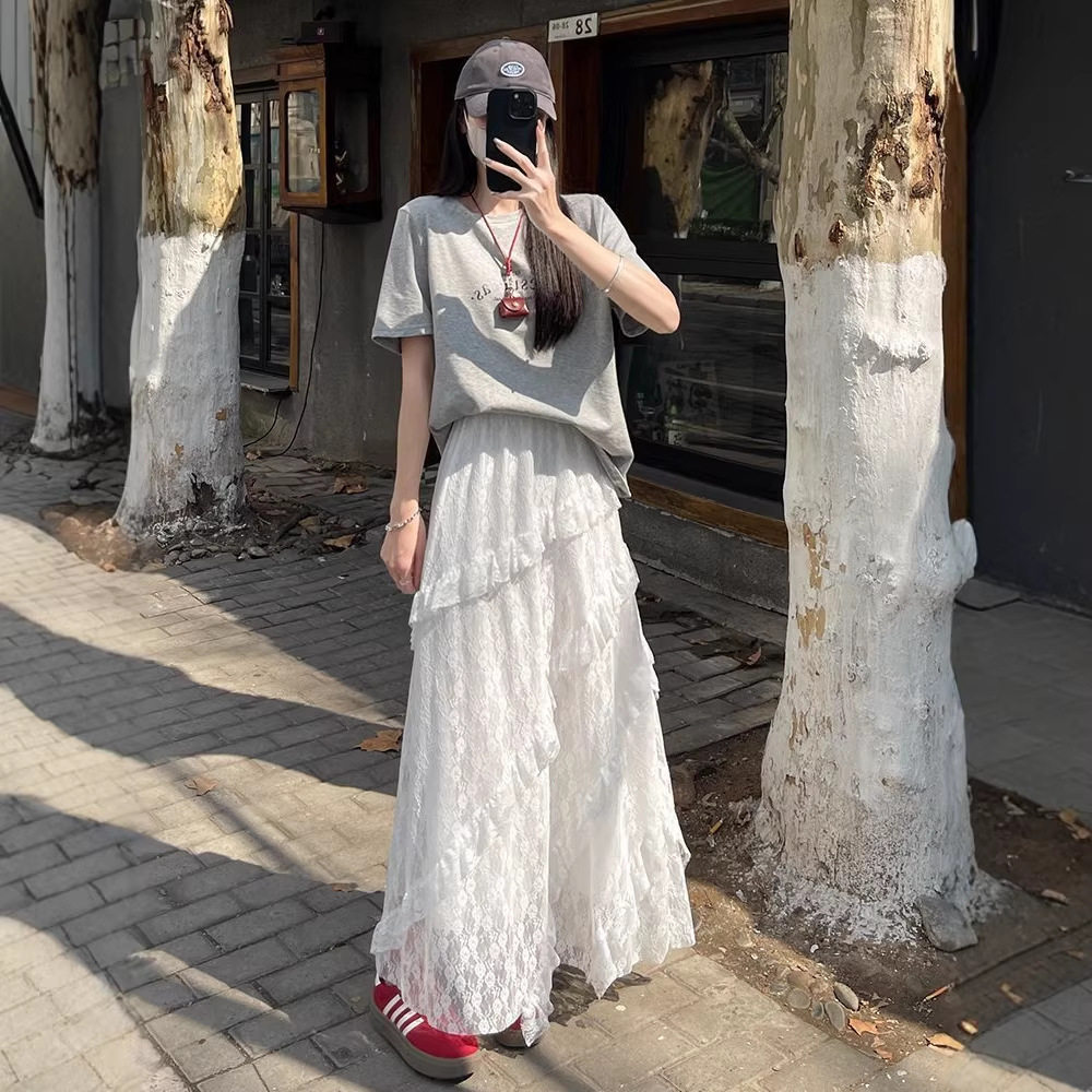 复古拼接斜纹白色蕾丝半身裙女2026早春松紧腰显瘦网纱长裙牛仔