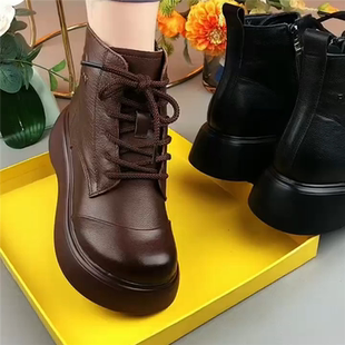 马丁靴女秋冬头层牛皮复古加绒休闲舒适厚底羊毛短靴真皮罗马靴女