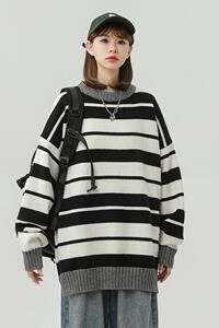 M915-P55条纹撞色毛衣男秋冬设计感小众日系慵懒风复古针织衫图片