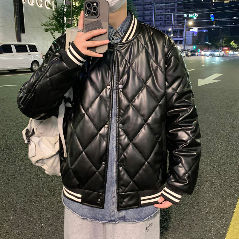 MY5818-P90棒球服棉衣男冬季加厚菱形格棉服外套男款美式PU皮棉衣,男装棉衣,电商D310（原电商305）
