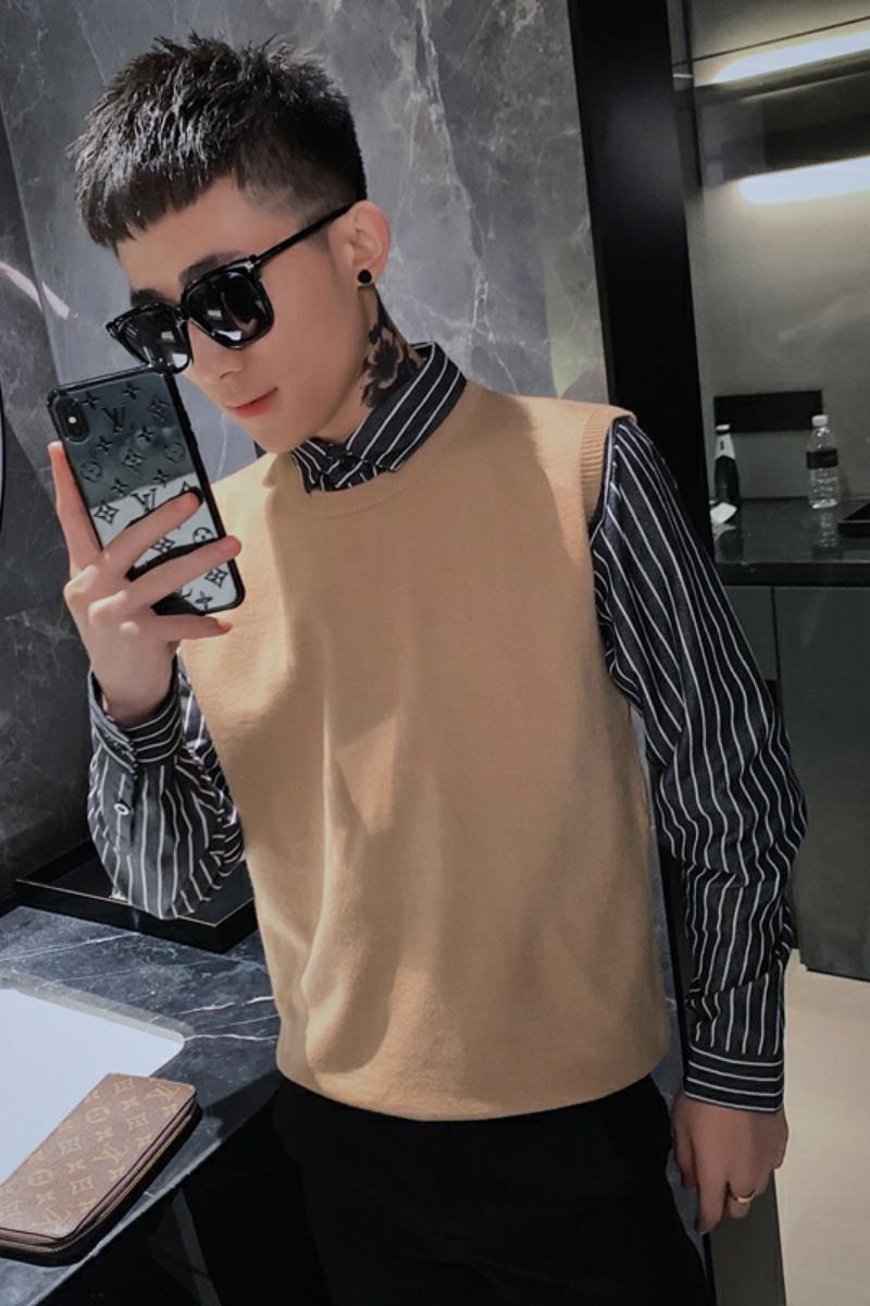 8571-P60假两件男潮流条纹毛衣网红修身衬衫领针织衫,男装针织衫/毛衣,电商D310（原电商305）