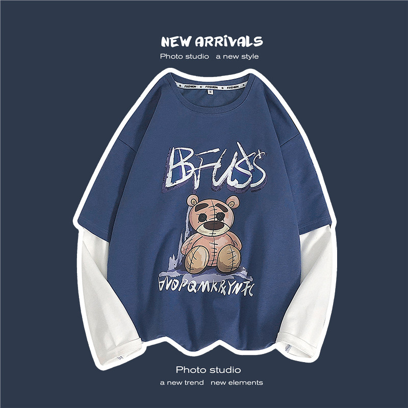 8519-P45假两件长袖t恤男潮牌ins外穿春秋款潮流宽松卫衣港风,男装卫衣,电商D310（原电商305）