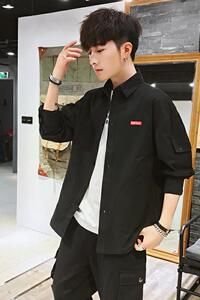 C877男士春季日系潮流宽松工装男款衬衣休闲黑色长袖衬衫图片