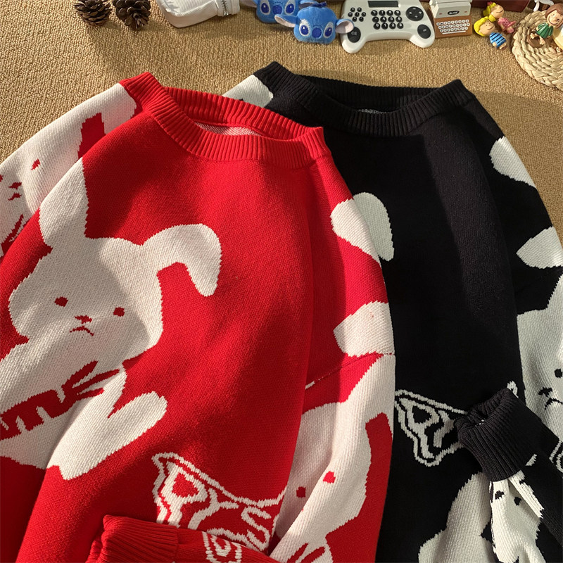 HY257-P60慵懒圣诞本命年兔年毛衣宽松圆领情侣简约百搭外套图片
