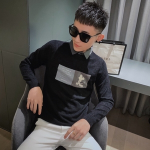 8586-P65社会精神小伙假两件毛衣男衬衫领针织衫假领带领毛线衣图片