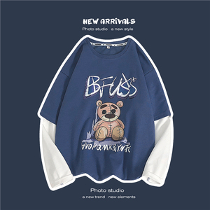 8519-P45假两件长袖t恤男潮牌ins外穿春秋款潮流宽松卫衣港风图片