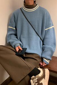 M858-P55条纹圆领毛衣男秋冬港风ins潮流宽松男生长袖针织衫图片