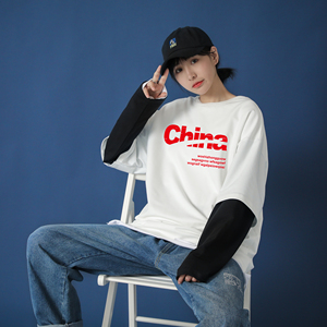 8539-P45假兩件男士衛(wèi)衣男春秋季薄款ins潮牌潮流休閑寬松長袖t恤圖片