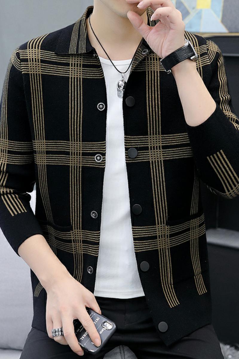 78840-P65秋季新款针织开衫男韩版潮流休闲男士修身格子毛衣外套,男装针织衫/毛衣,电商D310（原电商305）