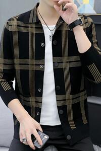 78840-P65秋季新款针织开衫男韩版潮流休闲男士修身格子毛衣外套图片