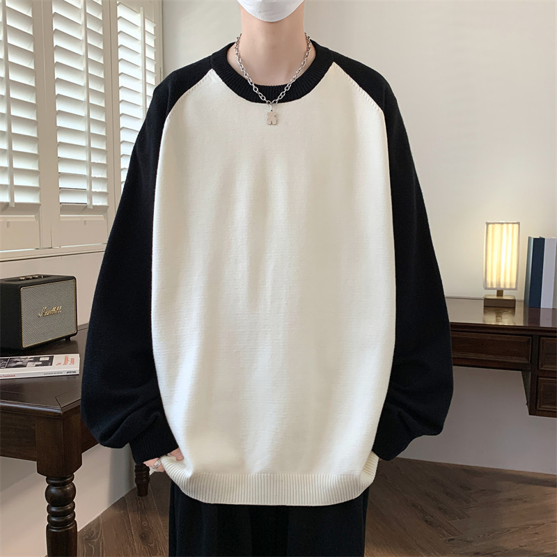 5326-P48美式复古插肩袖拼色宽松情侣毛衣男秋松纯色针织衫,男装针织衫/毛衣,电商D310（原电商305）