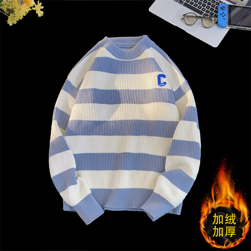 M855加绒-P65男2022冬季新款学生日系圆领加绒毛衣港风保暖套头衫，男装针织衫/毛衣，电商D310（原电商305）