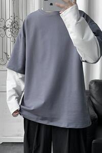 8521-P40假两件长袖T恤男韩版潮流新款宽松港风百搭卫衣男生图片