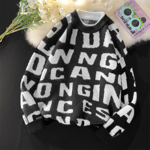 86809-P60港风复古字母撞色情侣毛衣休闲套头外套针织衫男女学生图片