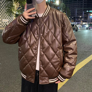MY5818-P90棒球服棉衣男冬季加厚菱形格棉服外套男款美式PU皮棉衣图片