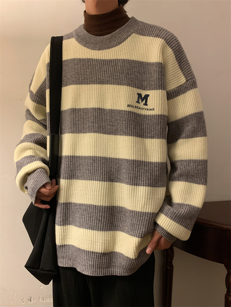 M853-P55条纹毛衣男士秋冬款圆领打底针织衫男休闲宽松青少年港风图片