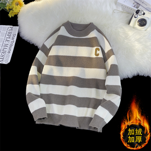M855加绒-P65男2022冬季新款学生日系圆领加绒毛衣港风保暖套头衫图片