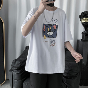 T02-P30夏季男士短袖T恤男潮流宽松打底衫港风情侣卡通印花百搭图片