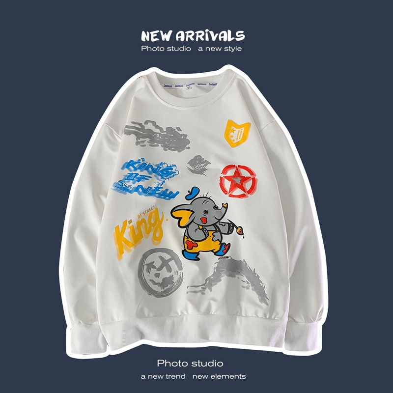 Long sleeve T-shirt, men's loose Hong Kong style, round neck, youth underwear, cartoon sweater