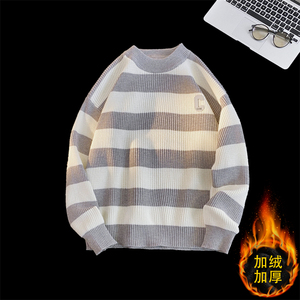 M855加绒-P65男2022冬季新款学生日系圆领加绒毛衣港风保暖套头衫图片