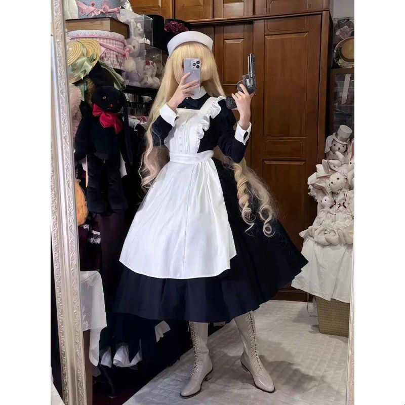 复古修女服lolita女仆装连衣裙+奶白色长款围裙两件套女秋季新款