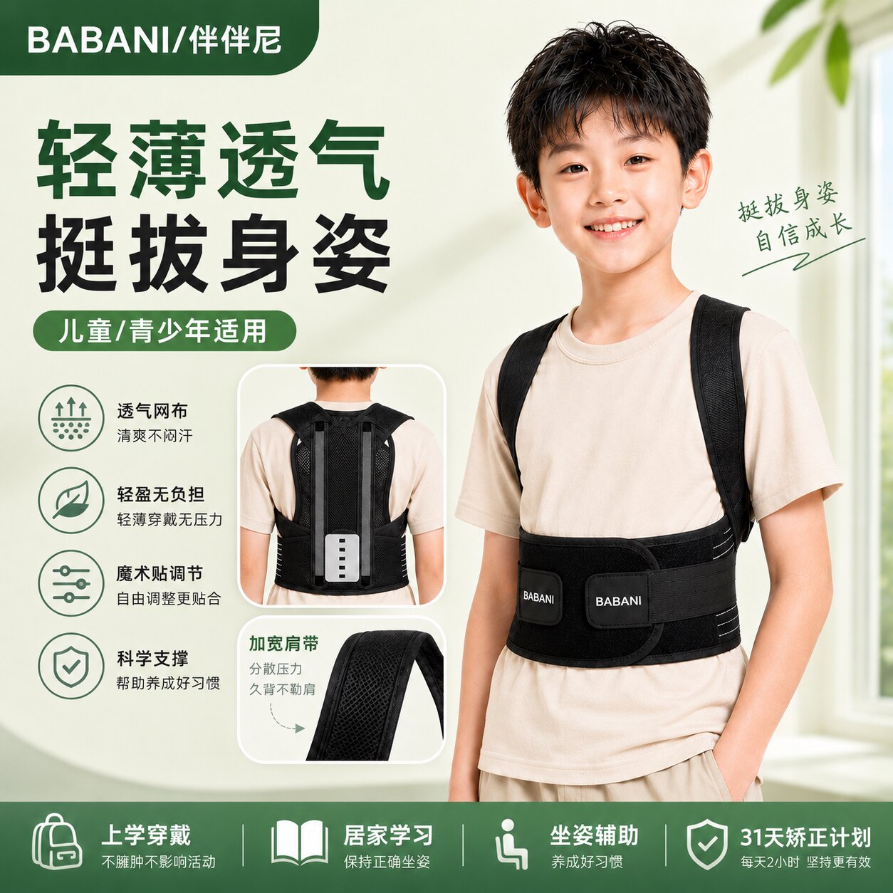 伴伴尼儿童矫姿带透气舒适学生防驼背矫正带可调节男女通用款