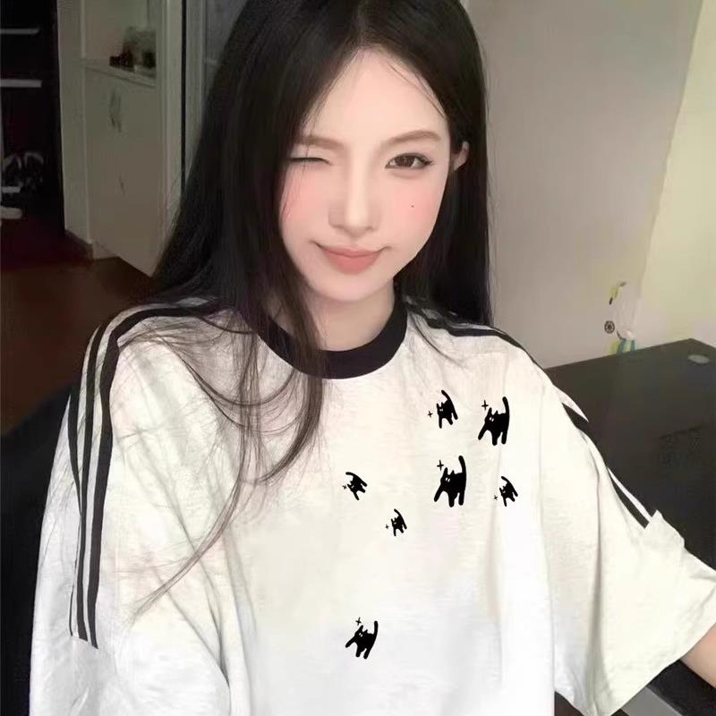 纯棉短袖T恤女2025新款爆款夏季条纹设计感小众美式宽松半袖上衣