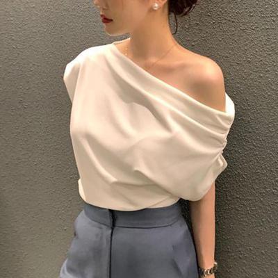 韩国chic2025夏季法式不规则斜肩设计感宽松纯色套头短袖T恤女潮