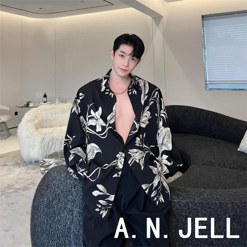 韩国版男装东大门23春夏学生蔡徐坤风格个性压纹花卉宽松长袖衬衫