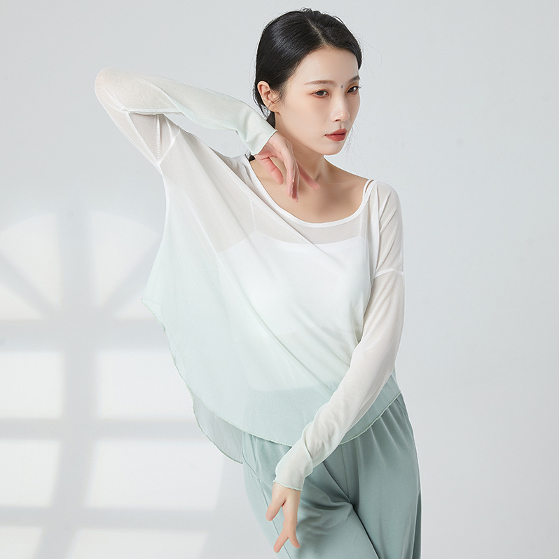 古典舞纱衣演出服女飘逸渐变宽松上衣落肩长袖现代舞蹈练功服
