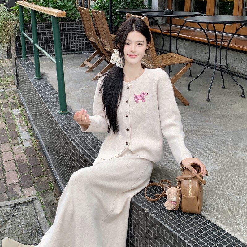 2025秋季新款韩版刺绣小狗开衫针织开衫高腰长裙套装女