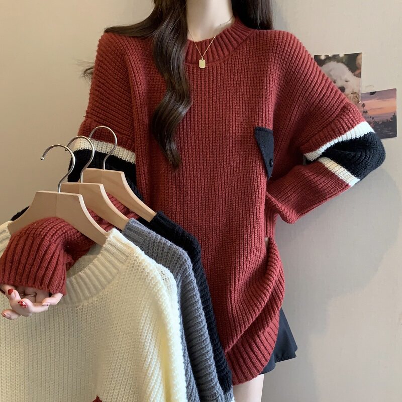 大码复古拼接毛衣女秋韩版慵懒百搭圆领套头针织衫