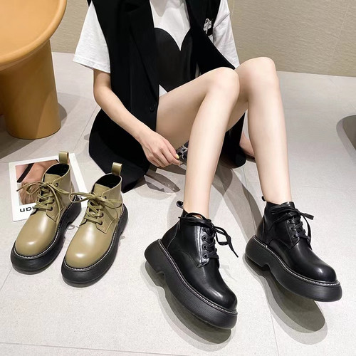 单靴女2025春秋季新款马丁靴厚底系带裸靴英伦风百搭真皮短靴子潮