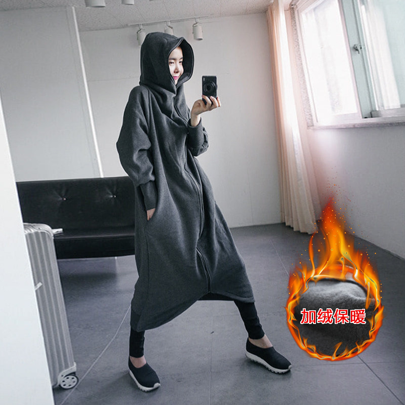 秋冬新款保暖卫衣女宽松大码学院风长款加绒加厚连帽外套绒衫女潮