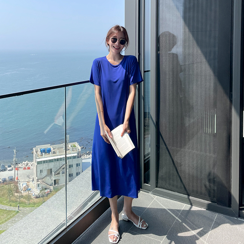 短袖连衣长裙莫代尔纯色