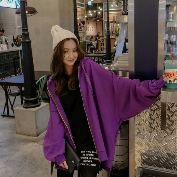 港风卫衣外套女2026春秋装新款宽松bf拉链连帽运动开衫学生紫色款