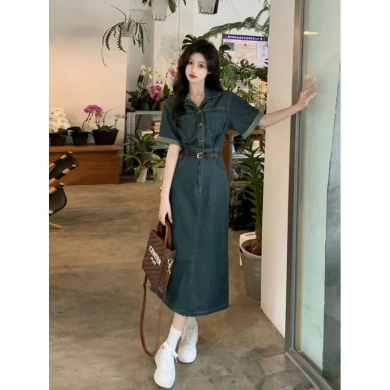 西蒙莱纳polp领时尚短袖牛仔连衣裙夏季新款小众设计感中长款裙子