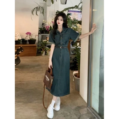 西蒙莱纳polp领时尚短袖牛仔连衣裙夏季新款小众设计感中长款裙子