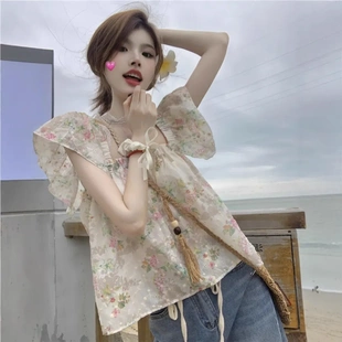背心女夏季 法式 重工刺繡花朵襯衫 感洋氣娃娃衫 方領(lǐng)小飛袖 上衣insi