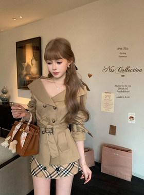 NSS COLLECTION“北川景子”美神一字肩风衣女翻领双排扣收腰外套