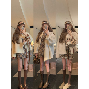 NSS COLLECTION 少女情绪 bbr娃娃领毛呢背心裙女百搭格纹连衣裙