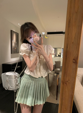 NSS COLLECTION 少女的诗 大小姐衬衣泡泡袖系带暗纹缎面短袖衬衫