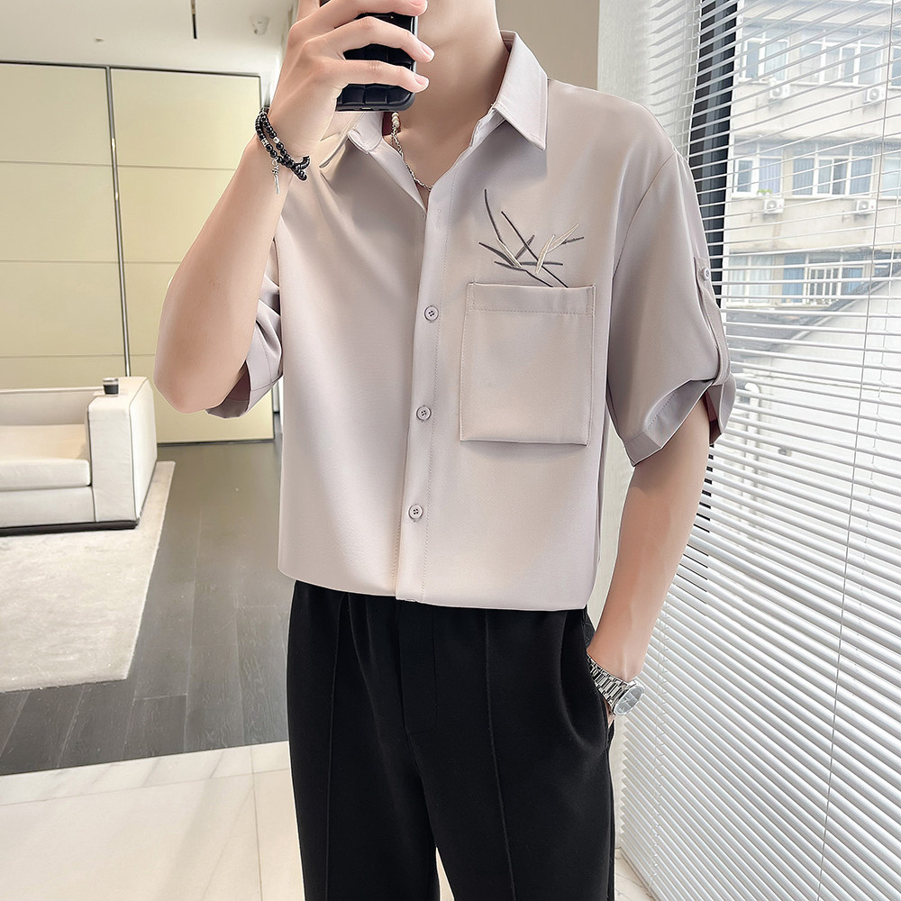 抖音男尚冰丝轻奢新中式痞帅衬衫刺绣风短袖垂感CS351P50,男装衬衫,电商A312