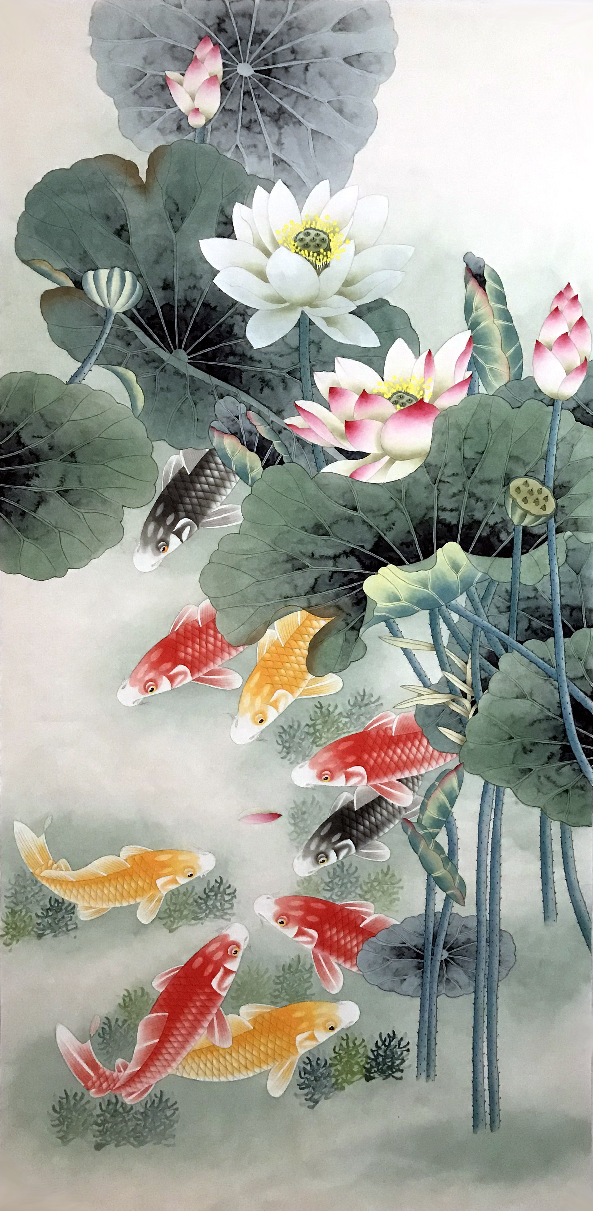 包邮 手绘四尺工笔荷花九鱼竖幅 【年年有余】家居装饰字画8869