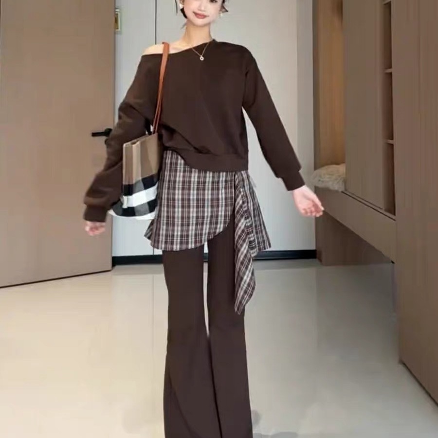 韩系高级感穿搭斜肩卫衣两件套装