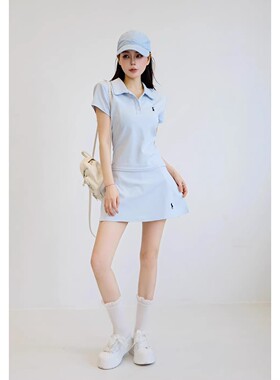 美式休闲蓝色网球运动套装裙夏季修身短袖polo领上衣半身裙两件套