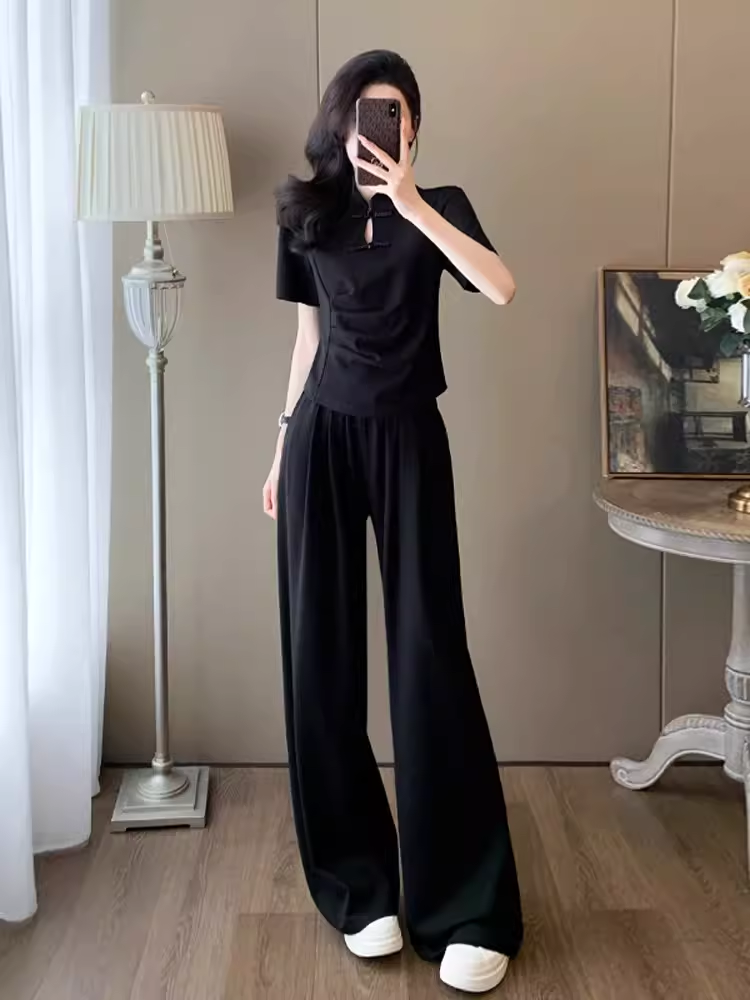 新中式运动休闲套装女夏季时尚减龄气质国风短袖阔腿裤两件套洋气