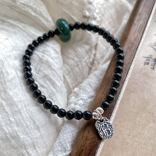 「秋绥冬禧,祝冬安」新中式复古黑玛瑙纯银925银牌新年手串手链
