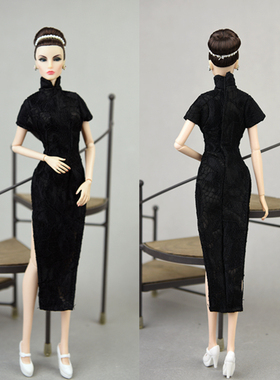 30cm娃娃衣服装 梦凡可儿珍妮超模兵人心怡可穿 黑色白色旗袍