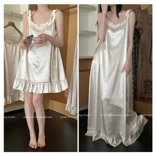 睡裙女夏冰丝珍珠白吊带花边性感缎面连衣裙可外穿裙子家居服 法式